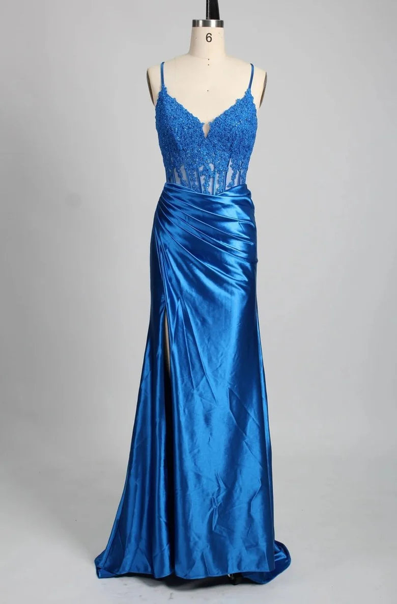 Straps Appliques Satin Mermaid Prom Dress With Slit